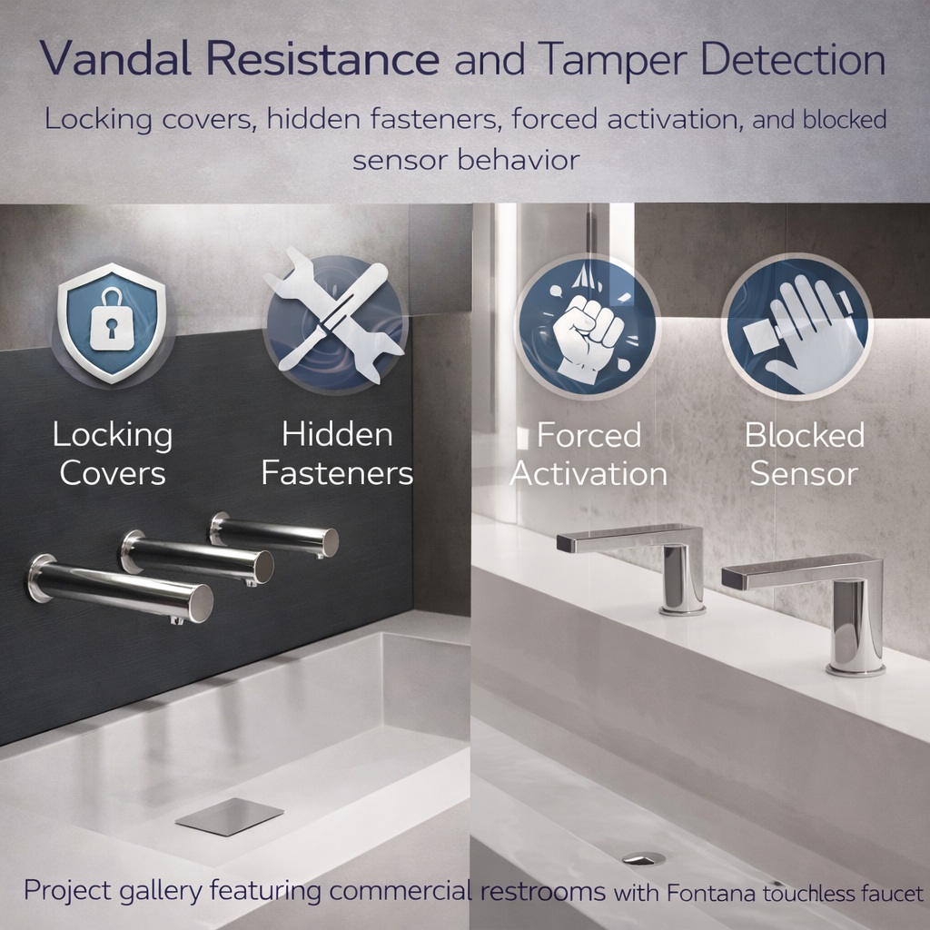 Project gallery featuring commercial restrooms with Fontana touchless faucets